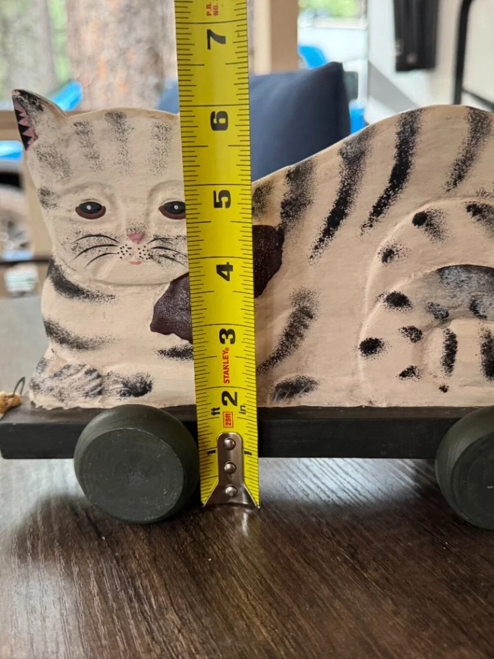 Vintage Cabin Cottage Wooden Folk Art Tabby Cat Pull Toy